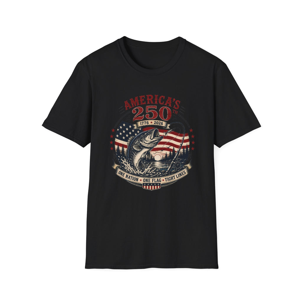 America's 250th Anniversary Fishing T-Shirt — 'One Nation, One Flag' Patriotic Bass Tee (1776–2026)