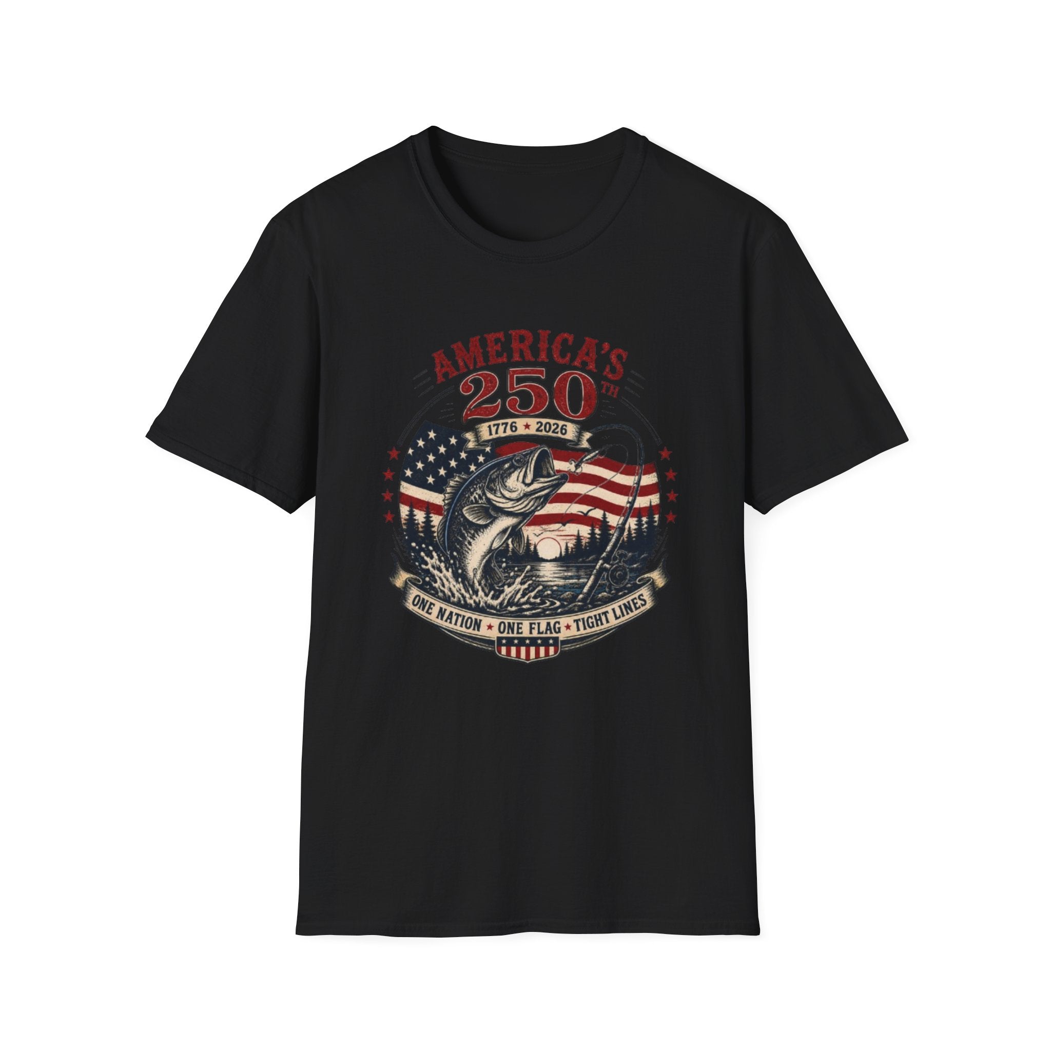America's 250th Anniversary Fishing T-Shirt — 'One Nation, One Flag' Patriotic Bass Tee (1776–2026)