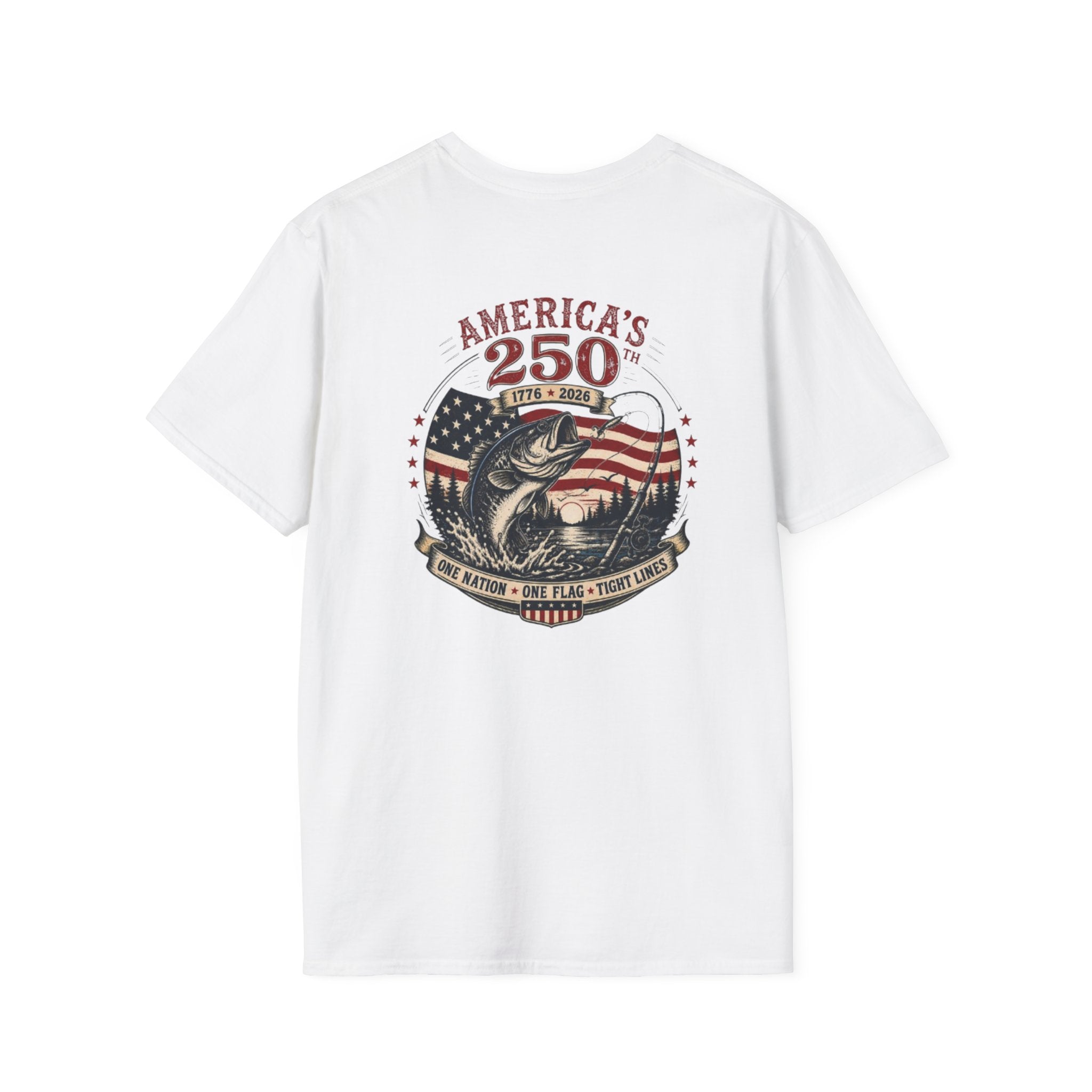 America's 250th Anniversary Fishing T-Shirt — 'One Nation, One Flag' Patriotic Bass Tee (1776–2026)
